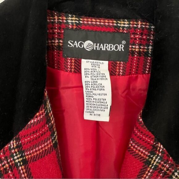 Sag Harbor Blazer Red Plaid Wool Blend Size 10 Black Velvet Collar Career - Picture 2 of 6